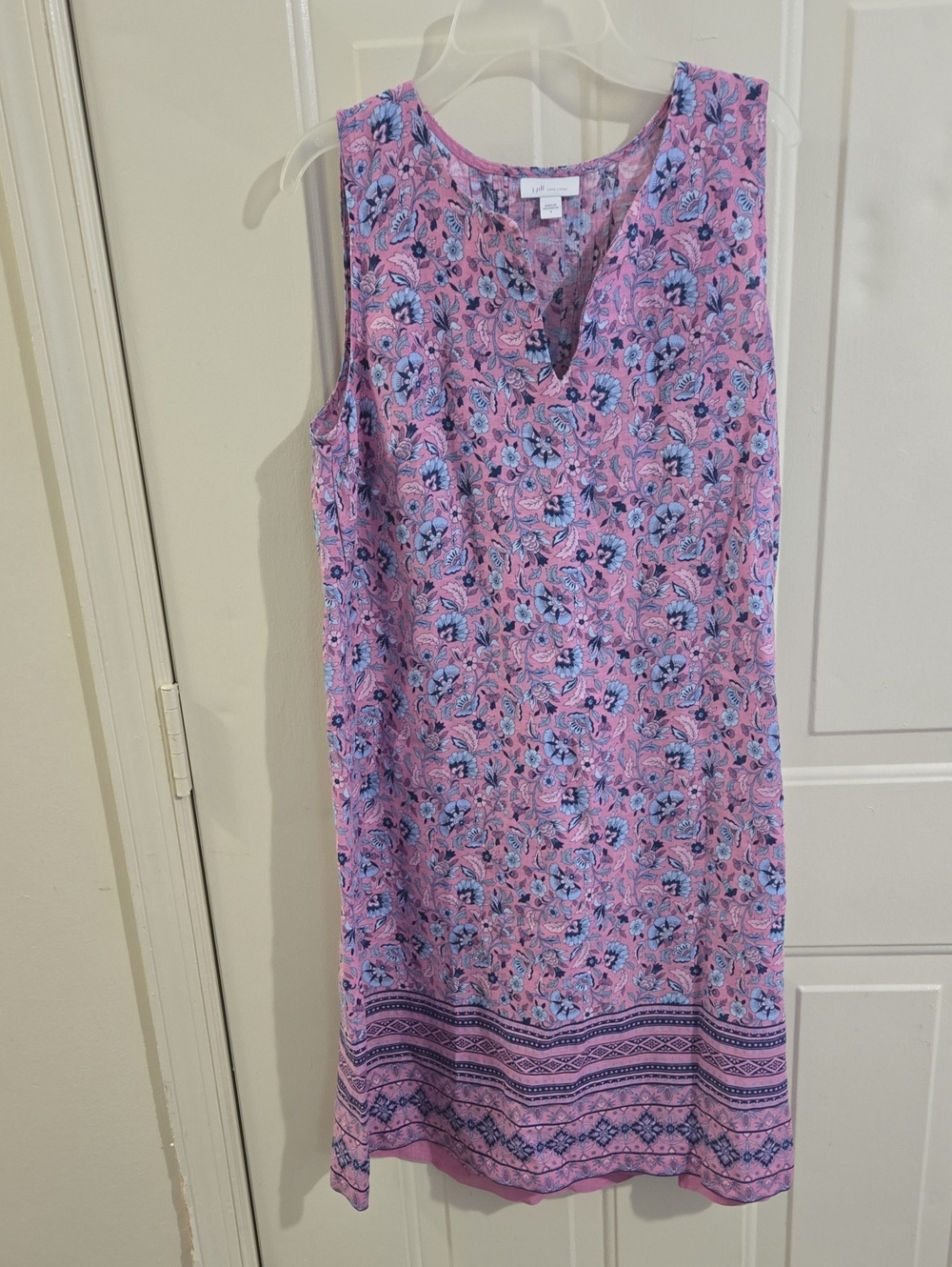 J. Jill Love Linen Pink Floral Sleeveless Shift Dress S Pockets Coastal Boho